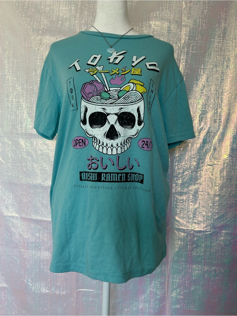 Tokyo Ramen Skull Graphic Tee - Aqua. Size M.